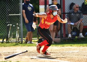 Amanda Gomez takes off for first after delivering her school record 107th base hit of her career(BILL RUDICK for MediaNews Group)